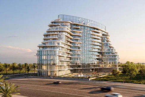 A modern, curved glass building, "Acacia by BNW Developments," rises beside a road with palm trees.