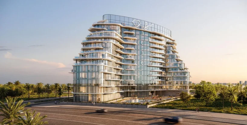 A modern, curved glass building, "Acacia by BNW Developments," rises beside a road with palm trees.