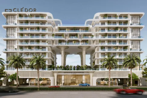 Modern façade of Arthouse Residences with lush balconies, palm trees, and elegant twin towers.