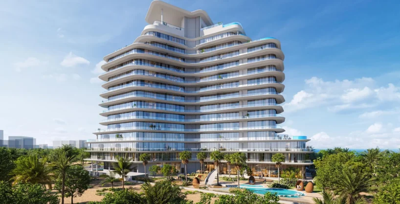 A luxurious Pelagia building with curved balconies stands tall, with a pool and palm trees in front.