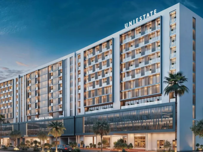 Modern architectural rendering of Playa Viva by Uniestate, featuring sleek facade and palm trees