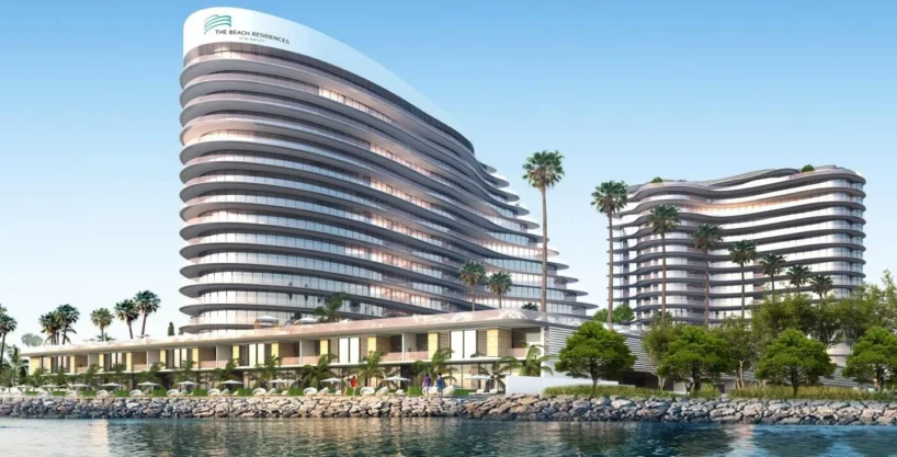 A sleek, modern, multi-story building, "The Beach Residence," curves along a waterfront. Palm trees dot the landscape.