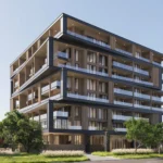 A modern Uno Luxe building with wooden facades and glass balconies is surrounded by lush greenery.